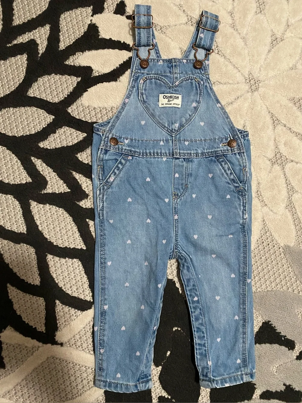 OshKosh B'gosh Baby Girl Denim Overalls with Pink Hearts 12 Months